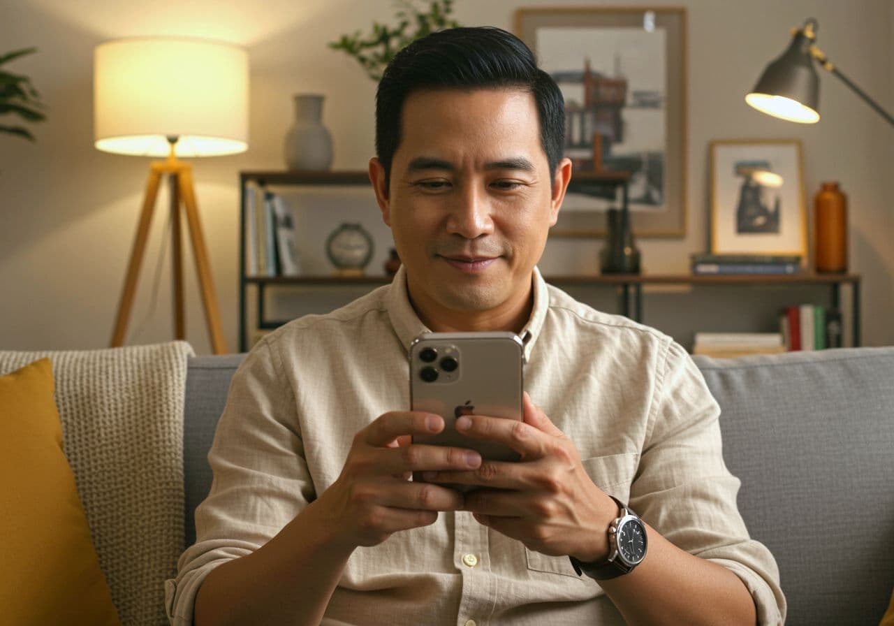 Filipino man using nona for looking for real estate properties, property services, and booking property management